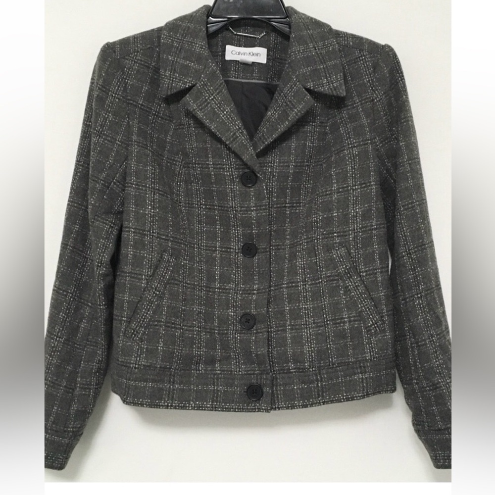 Calvin Klein Gray Plaid Tailored Wool-Blend Blazer/Jacket
